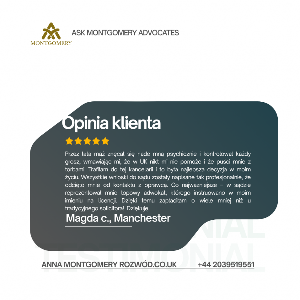 5 gwiazdkowa opinia klientki Ask Montgomery, Magdy z Manchester za pomoc w uzyskaniu zakazu zblizania.