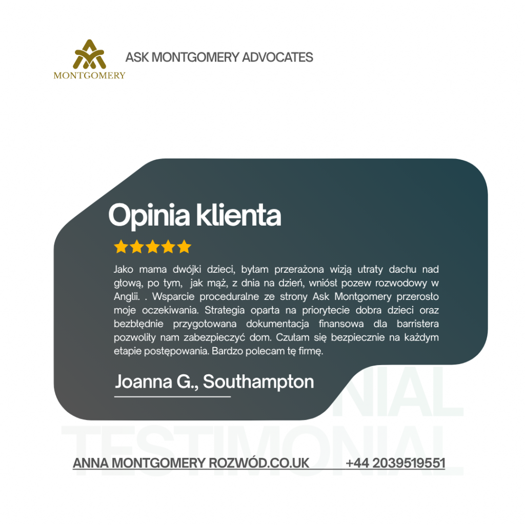 5 gwaizdkowa opinia klienta z Southampton, Joanny G, gdy mąż wnióśł pozew o rozwód, bała się, że ona i dwójka małych dzieci stracą dach na głową.
