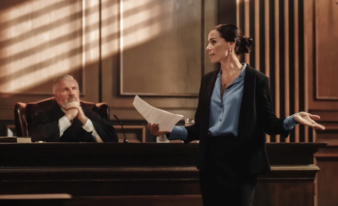na zdjeciu barrister adwoakt na rozprawie w sádzie