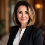 Kobieta ubrana w czarna marynarke, elegancka, profesjonalna, na tle biura prawnego, to jest Dyrektor kancelarii Ask Montgomery Advocates, Anna Montgomery