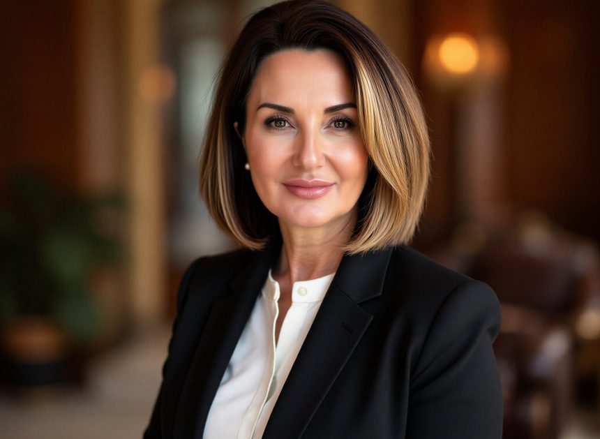 Kobieta ubrana w czarna marynarke, elegancka, profesjonalna, na tle biura prawnego, to jest Dyrektor kancelarii Ask Montgomery Advocates, Anna Montgomery, udziela porad i wideo konsultacji na temat rozwodu uk, majatku, dzieci, przemocy.