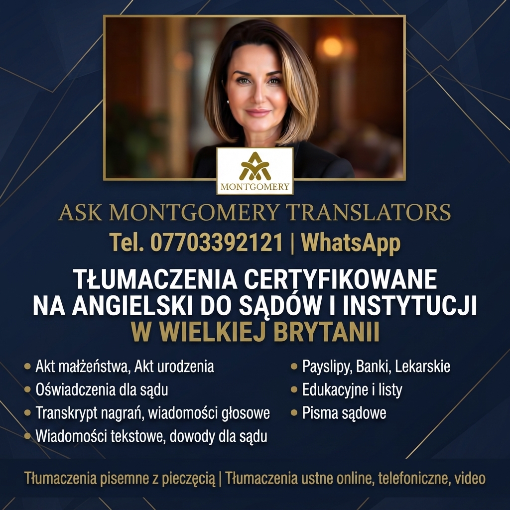 Tłumaczenia certyfikowane i przysięgłe na angielski Ask Montgomery Translators i Ask Montgomery Advocates akty, dowody dla sądu